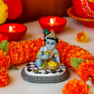 alikiki Baby Krishna Car Decor - 3.5”H Hindu God Lord Krishna Idol Statue Laddu Gopal India Murti Item Home Temple Mandir Shrine Altar Pooja Diwali Puja Gifts for Indian Friend Family Father Mother