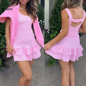 Women Gingham Mini Dress Plaid Spaghetti Strap Babydoll Dress Cute Sleeveless V Neck Going Out Outfits
