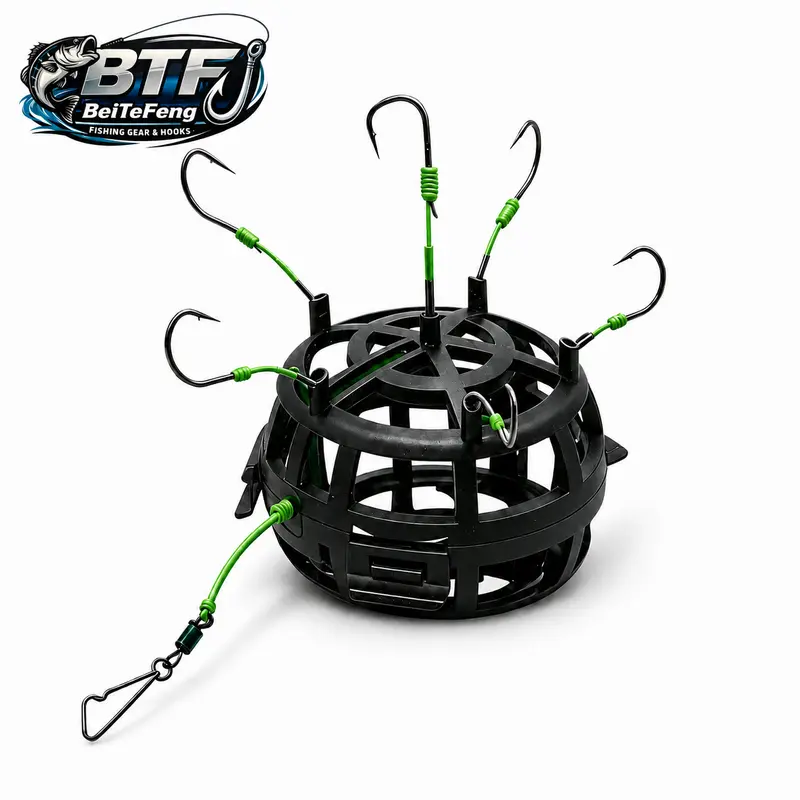 BTF High-Carbon Steel Anti-Snagging Mine Fish Hooks - Pre-Tied Upward Carp Feeder Rig with Bait Cage, 360° 6-Hook Strike Zone, Easy Bottom Casting Fishing Gear Accessories for Freshwater Carp, Bass, Beginners & Pros (Pole/Baitcaster Use)