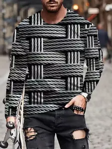 Men's Cool Striped Digital Print T-Shirt, Casual Sports Long Sleeve Tee, Comfortable Soft Breathable Pullover, All Seasons Fitted Style