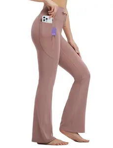 baleaf Womens 28" Flare Yoga Pants with Zipper Pockets Drawstring Flared Leggings Tummy Control High Waist Bell Bottom Lounge Work