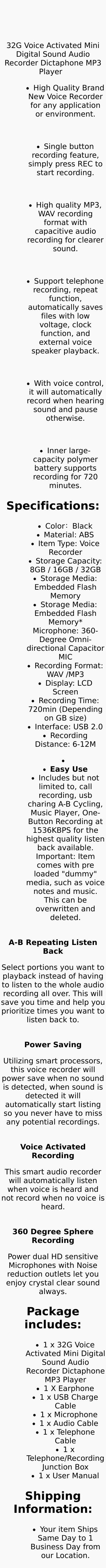 Lecture Digital Voice Recorder Dictaphone Audio MP3 Sound Mini Recorder Player