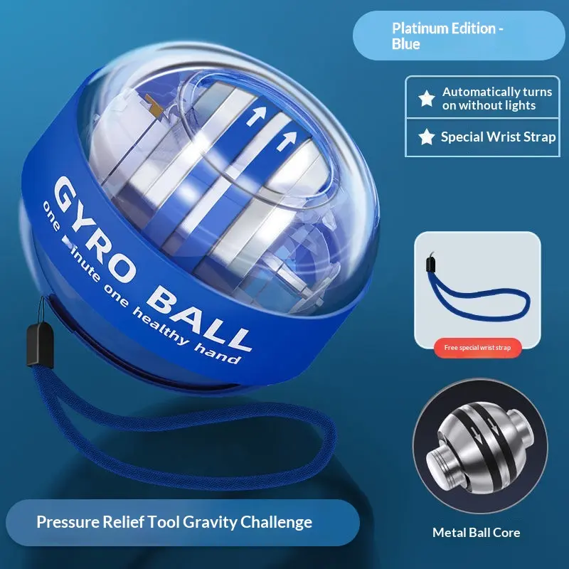 LED Magnetic Wrist Power Ball Grip Strength Trainer with Chain Mail Fingertip Grip, Gyro Fitness Training Wrist Exerciser for Stress Relief