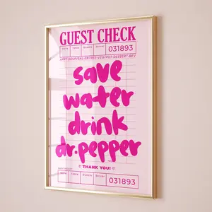4 options - save water drink dr.pepper guest check prints wall art poster no frame, college apartment decor retro, trendy preppy kitchen aesthetic posters, decor home