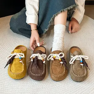 Women's Suede Flat Moccasin Mules with Beaded Casual Comfortable Round Toe Soft Sole Slip On Clogs for Daily Work Anti-Slip Walking Slides Slipper Sandals Nail Shoe