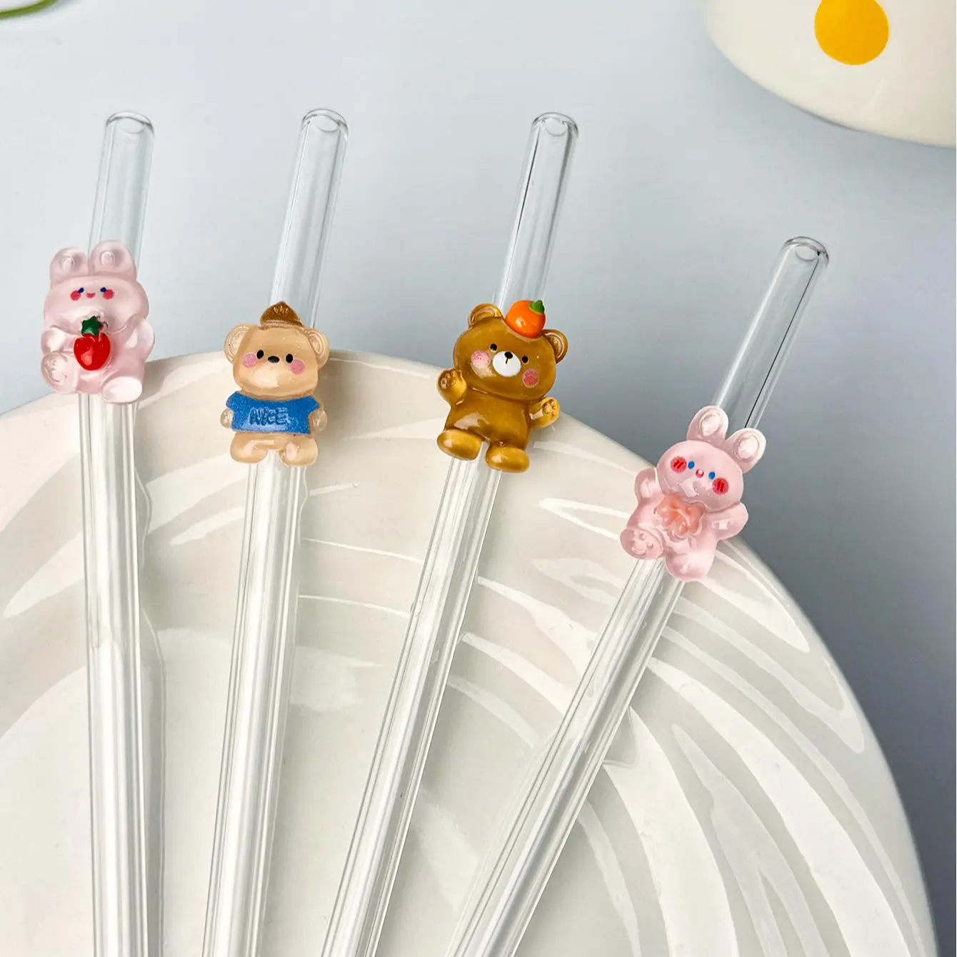 Cartoon Rabbit Bear Glass Straws Set, Transparent Drinking Straws for Cold Drinks, Coffee, Juice, Parties, Holidays, Gifts, Beverage Utensil, Drinking Gadgets