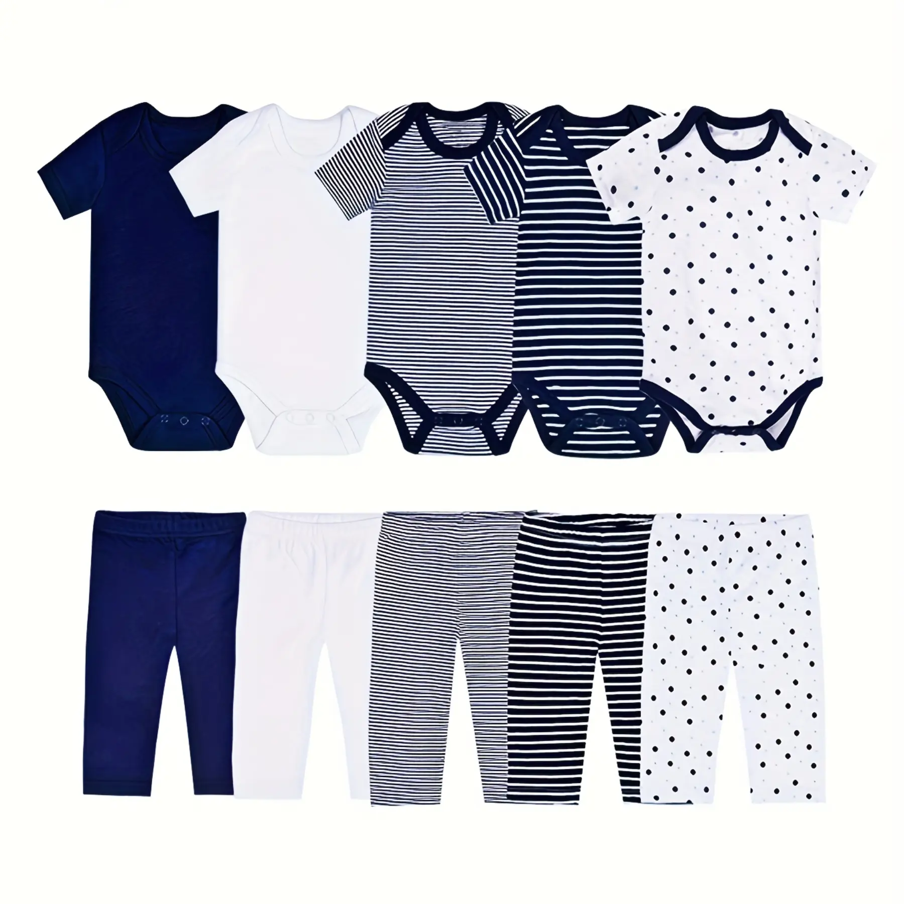 JY.COZY FOR BABY Unisex 10-Piece Baby Boy Girl Clothes Cute Onesie Set Navy Blue Cotton 5 Short-Sleeve Rompers 5 Pants Soft Breathable Comfortable for Newborns Gift Sets Snaps Classic Navy Blue