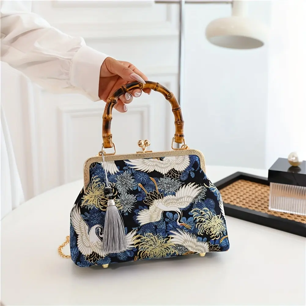 [Bamboo Tote Bag] 1pc Fashionable Bamboo Tote Bag With Bamboo Knot Handle - Small Handbag, Trendy Shoulder Crossbody Bag