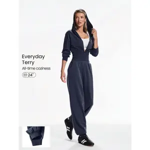GLOWMODE 24" Everyday Terry Off-Duty Ribbed Waist Hem Zip-Up Hoodie Jumpsuit Bodysuit With Side Pockets Daily Casual Wear