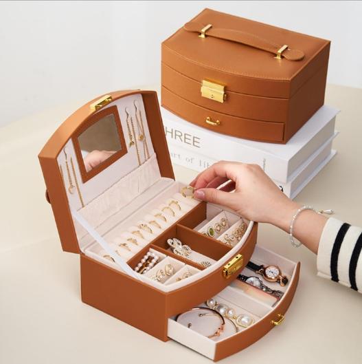 small room organization products.2-layer jewelry PU leather box, 1 set of large-capacity jewelry storage box with drawers, lockable jewelry box, portable mini travel case for jewelry display and storage, small portable case for storing rings, earrings small room organization products.2-layer jewelry PU leather box, 1 set of large-capacity jewelry storage box with drawers, lockable jewelry box, portable mini travel case for jewelry display and storage, small portable case for storing rings, earrings
