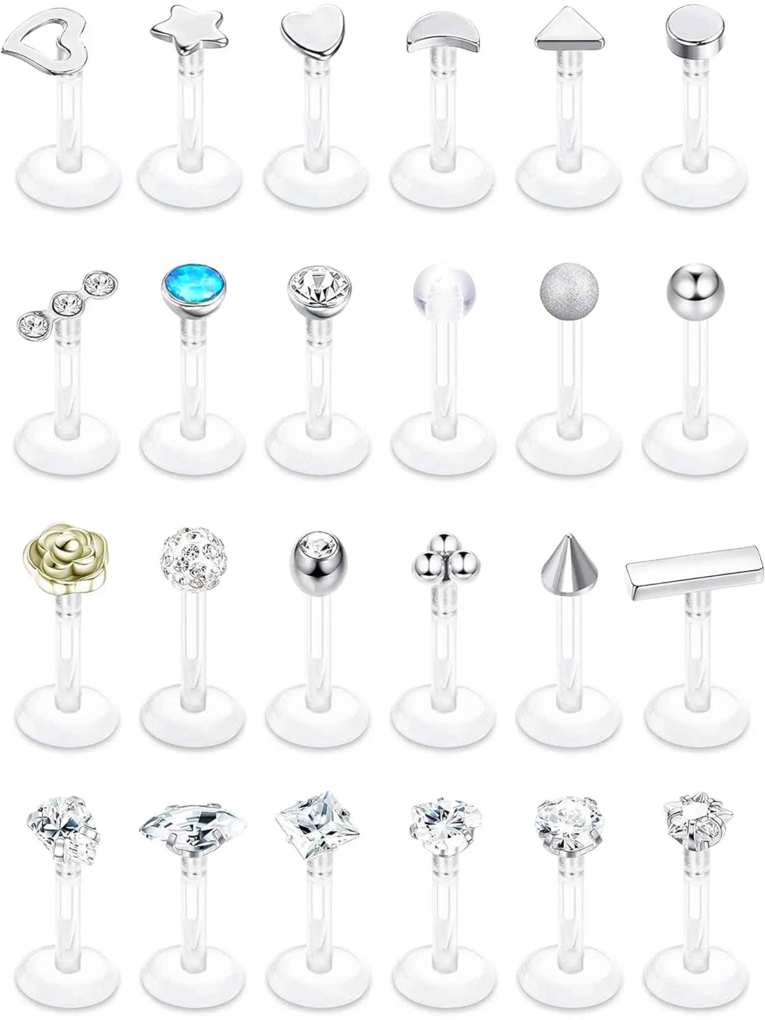24Pcs Medusa Lip Piercing Jewellery 16G Labret Studs Plastic Clear Acrylic Tragus Helix Cartilage Conch Earrings Bioflex Jewellery Lip Bars Push in Nose Stud Piercing Retainers Flat Back Side Labret Jewelry
