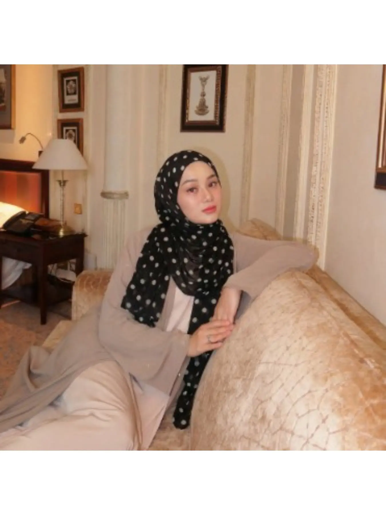 Dubai Middle Eastern Women's Voile Polka Dot Long Scarf Wrap Shawl Arabic New Style Headscarf Hijab Modesty Black and White Long Scarf