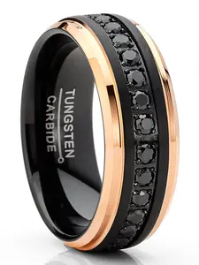 Men Tungsten Two-Tone Wedding Band Hammered Eternity Ring Cubic-Zirconia Comfort-Fit 8MM