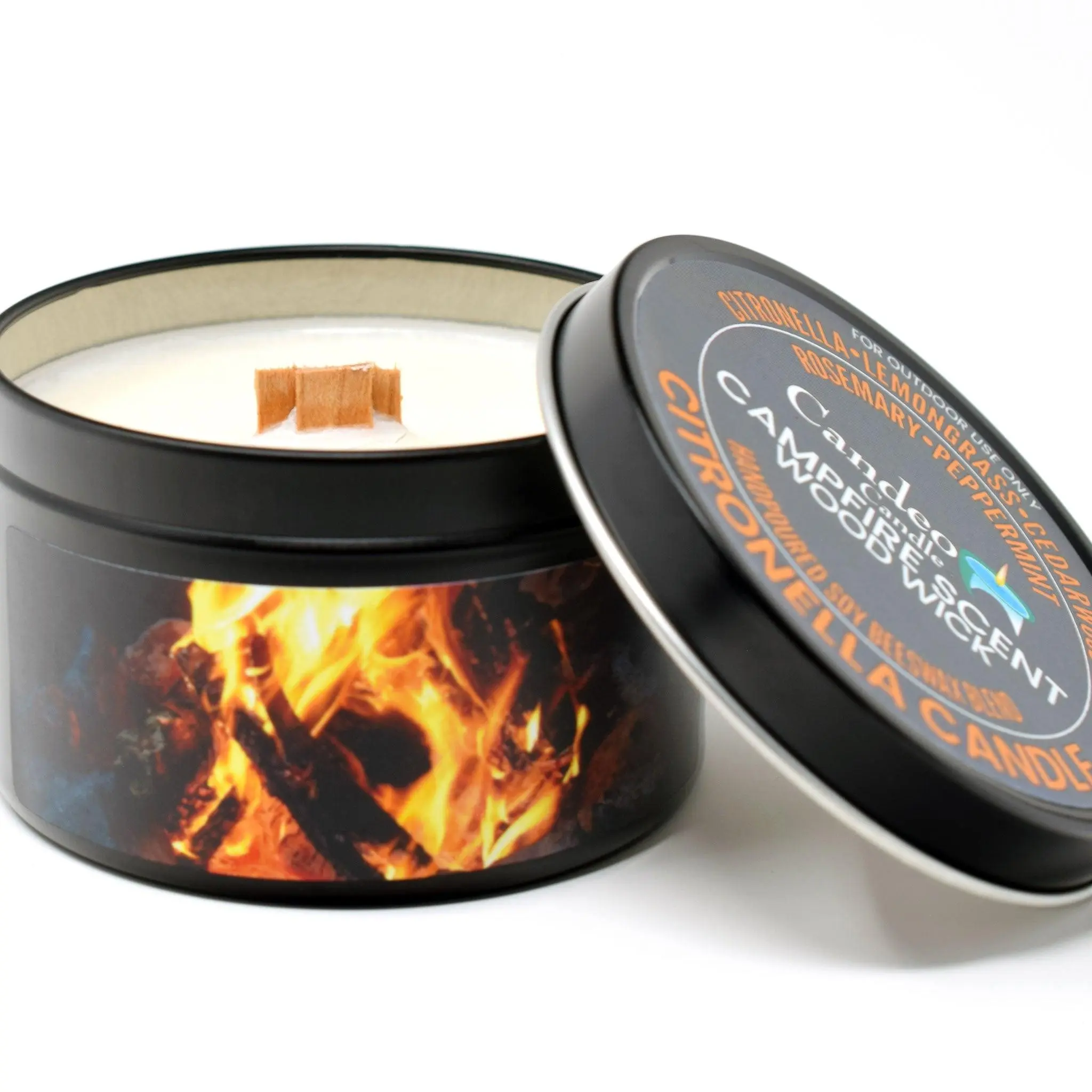 Citronella Campfire Candle, Soy/Beeswax Blend, Wood Wick, 6oz Black Tin