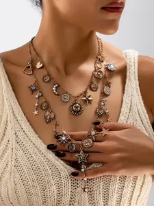 Boho Chic Geometric Pendant Necklace Set, Decorative Necklace, Bohemian Jewelry, Boho Style Jewelry, Zinc Alloy Material, Elegant Round Sun Moon Star Heart Design, Perfect for Parties & Daily Wear, Trendy Charm Necklaces