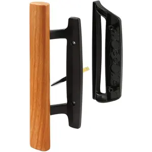 Mortise Style Reversible Sliding Patio Door Handle Set with Oak  Interior Handle and Exterior Pull in White Diecast Finish Fits 3-15/16" Screw Hole Spacing, Non-keyed with Latch Locks (Black)