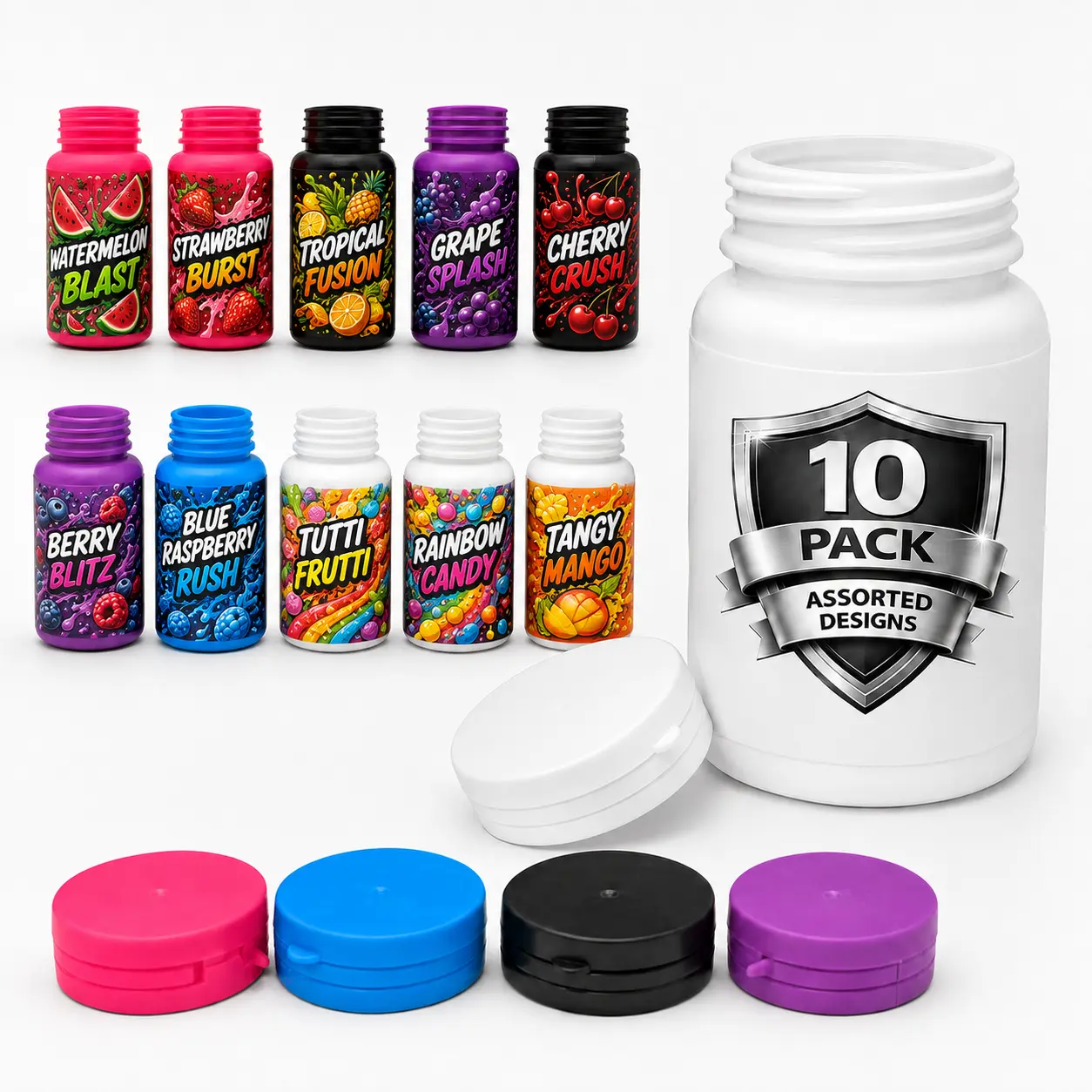 10 Pack – Bottle Style Plastic Storage Containers – Assorted Designs