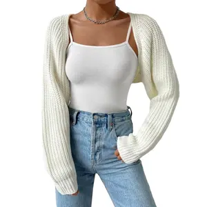 Women's Open Front Cropped Cardigan Long Sleeve Solid Color Ribbed Knit Shrug Sweater Bolero Tops crop