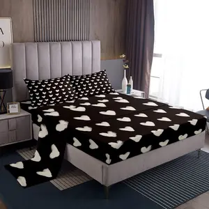 Feelyou Bedsheet Sets - Breathable Microfiber Bed Sheets, White & Black Heart Print Kawaii Bedding Set with Flat & Fitted Sheets for Teens, Valentine’s Day Use