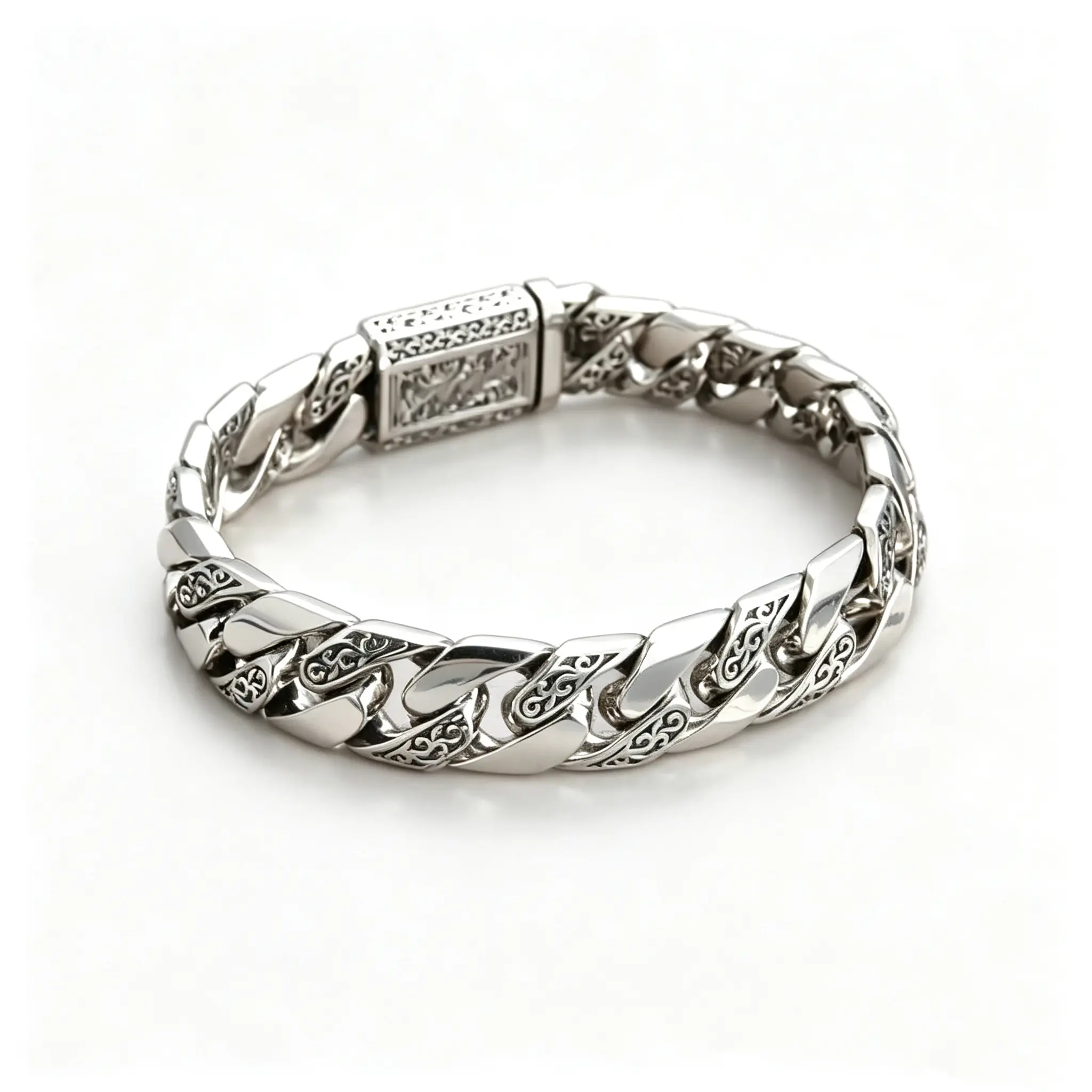 Men's Engraved Curb Chain Bracelet, Vintage Silver-Tone Wrist Accessory With Detailed Patterns, Stylish Statement Jewelry For Everyday Wear And Special Occasions