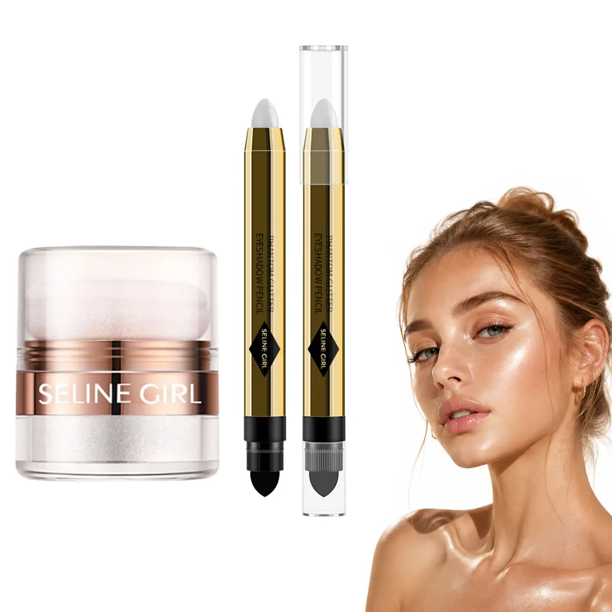 Daily Face & Body Glow Makeup Set - Smooth Highlighting Powder Puff, Dual-Ended Highlighter Eyeshadow Stick, Pearlescent Shimmer Powder, Long-Lasting Glass Skin Illuminator (for Face, Eyes)