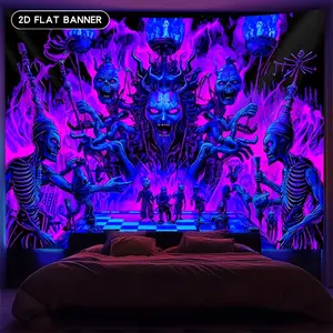 1pc horror skull monster banner. Glows under fluorescent light, large neon print. Perfect for Halloween, gothic decor, or party backdrop. 2D flat, ideal for living rooms, bedrooms, or offices.