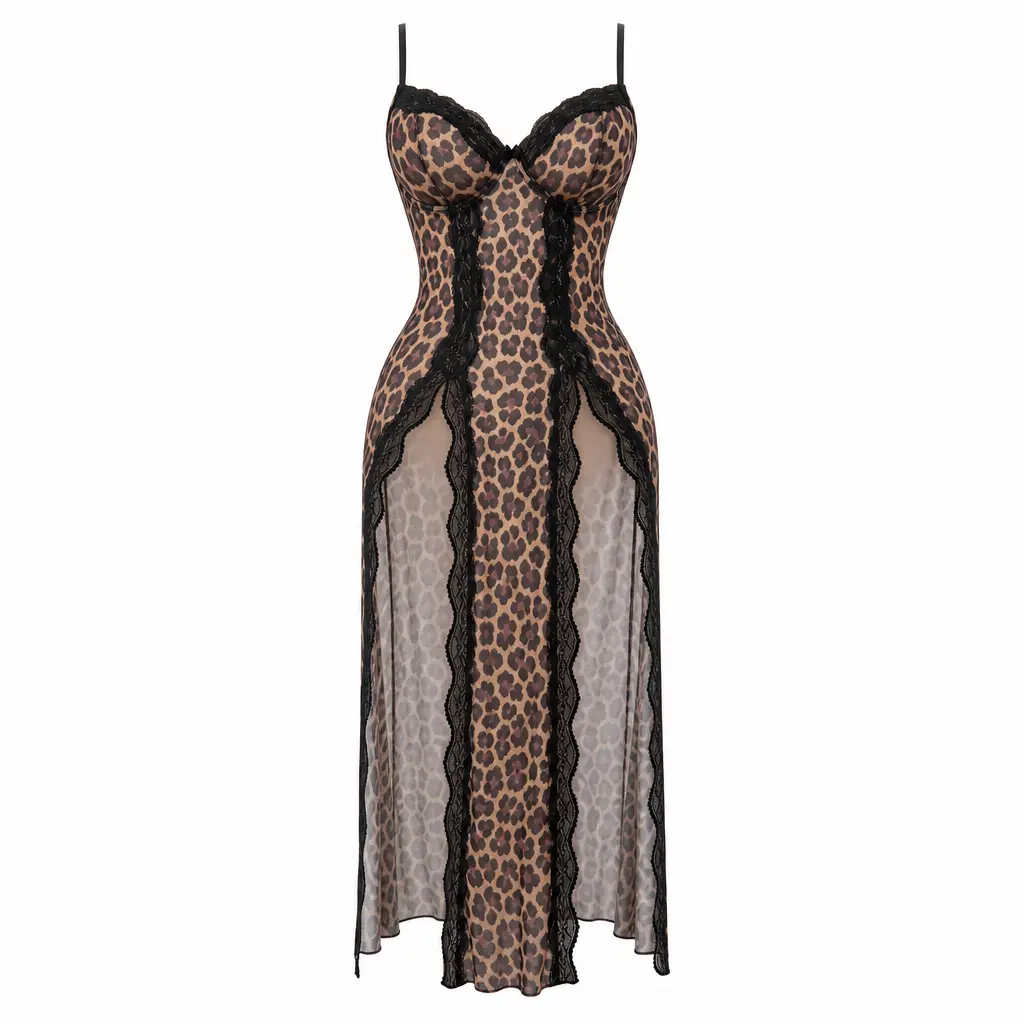 Women's Leopard Print Polyester Sheer Mesh Long Nightgown - Deep Plunge Neckline, Fitted Waist, High Slit Skirt, Black Lace Trim - Sexy Babydoll for Bachelorette, Valentine Events