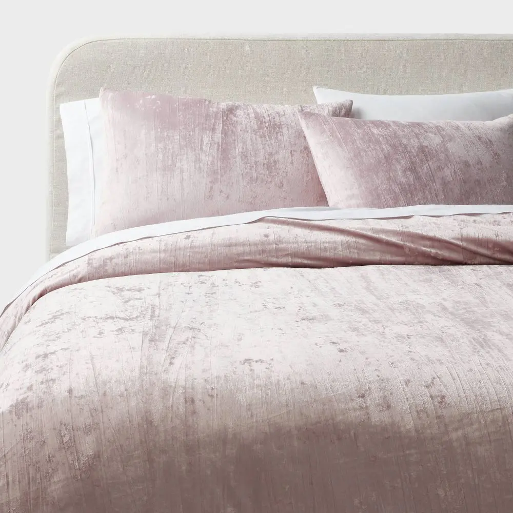 3pc Full/Queen Luxe Distressed Crinkle Velvet Duvet Cover & Sham Set Mauve - Threshold: OEKO-TEX Certified