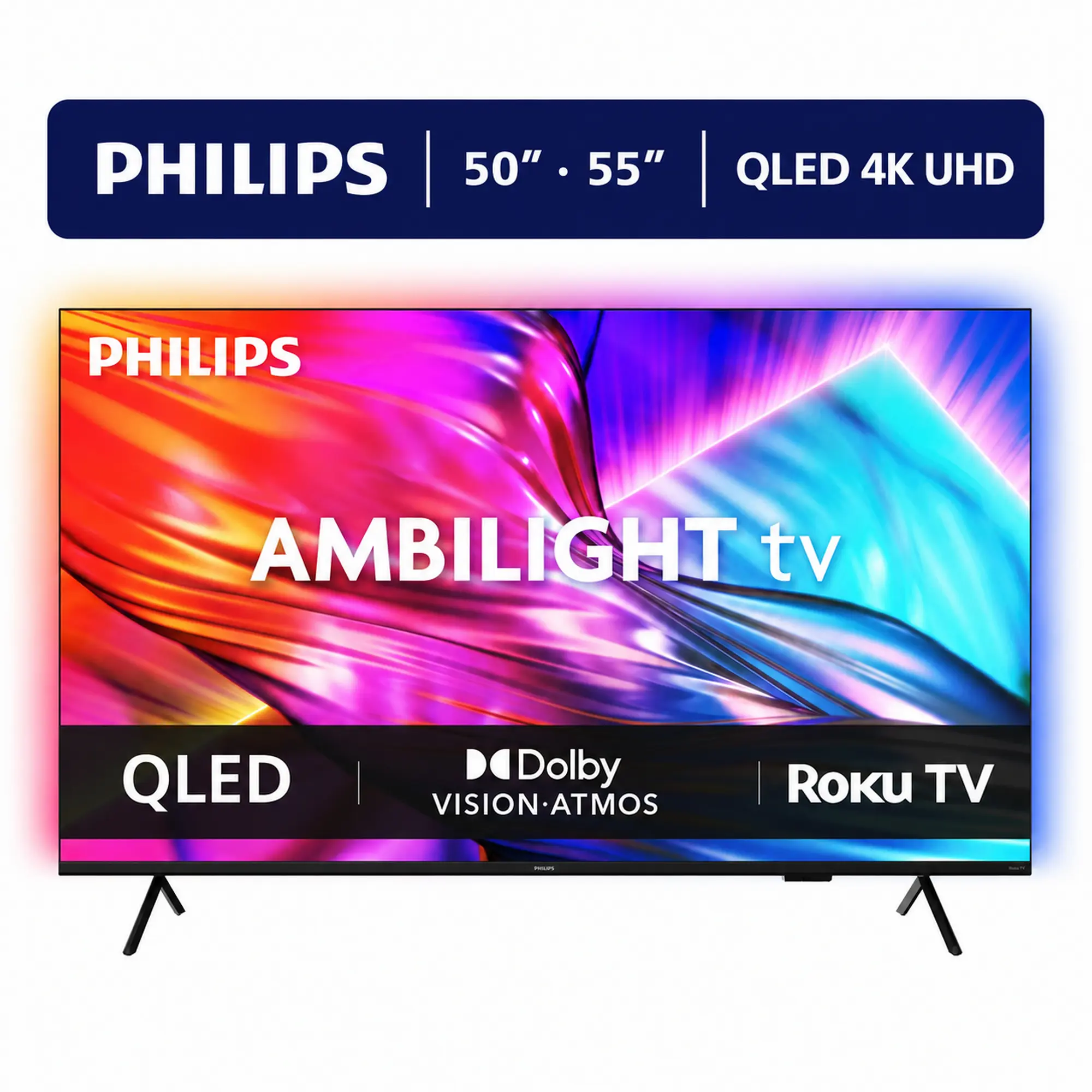 Philips 4K QLED Roku TV with Ambilight, UHD 2160p, HDR, 120PMR, Dynamic Lighting