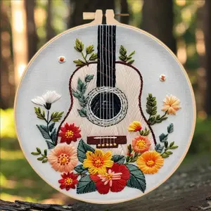 DIY Guitar Design Hand Stitched Cross Stitch Kit - Stylish Embroidery Floral Needlework, Beginner-Friendly, with English Guide