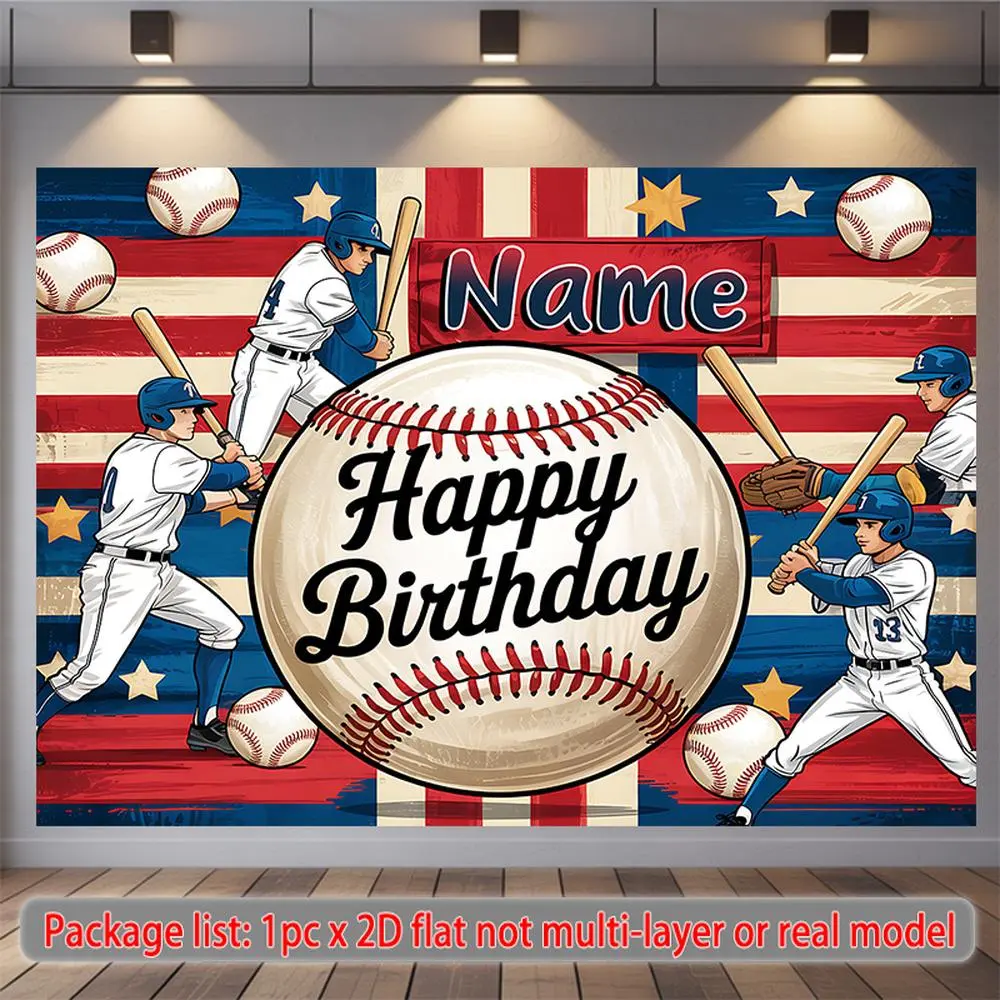2D Flat, 1pc Personalized Baseball Birthday Banner with Custom Name/Text - Large 90.5x70.8 Inch Sports Party Decorations with Happy Birthday Text, Baseball Players, Bats & Balls - Red/White/Bl, Party Decoration Supplies, Polyester Fabric