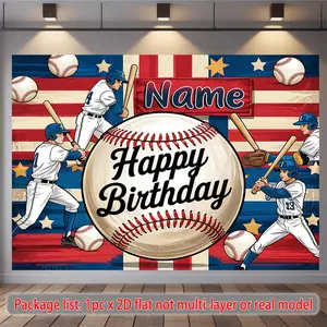 2D Flat, 1pc Personalized Baseball Birthday Banner with Custom Name/Text - Large 90.5x70.8 Inch Sports Party Decorations with Happy Birthday Text, Baseball Players, Bats & Balls - Red/White/Bl, Party Decoration Supplies, Polyester Fabric,summerwins