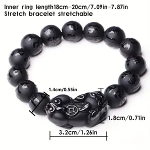 Obsidian Pixiu Six-Character Mantra Brlet for Men, Frosted Six-Character Mantra Beads Single Circle Ornament Brlet
