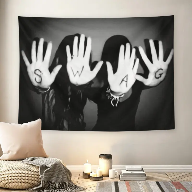 SWAG Hand Print Black White Wall Flag, Y2K 2000s Aesthetic Tapestry, Mid-century Modern Grunge Living Room Decor for Adult Fans, Bold Streetwear Vibe Photo Print Wall Hangingmusic comics wall flags custom tapestries
