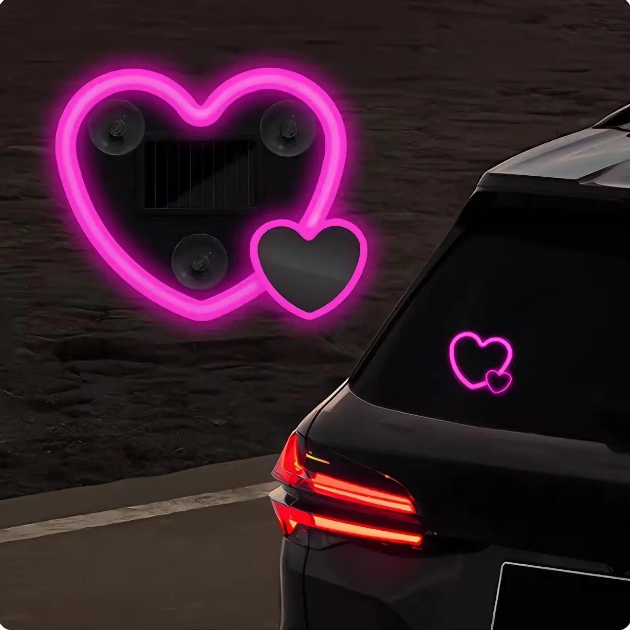 Solar Powered Double Heart LED Car Light - Cute Neon Vehicle Window Decoration, No-Wire Suction Cup Car Interior Accessory, Valentine’s Day Gift