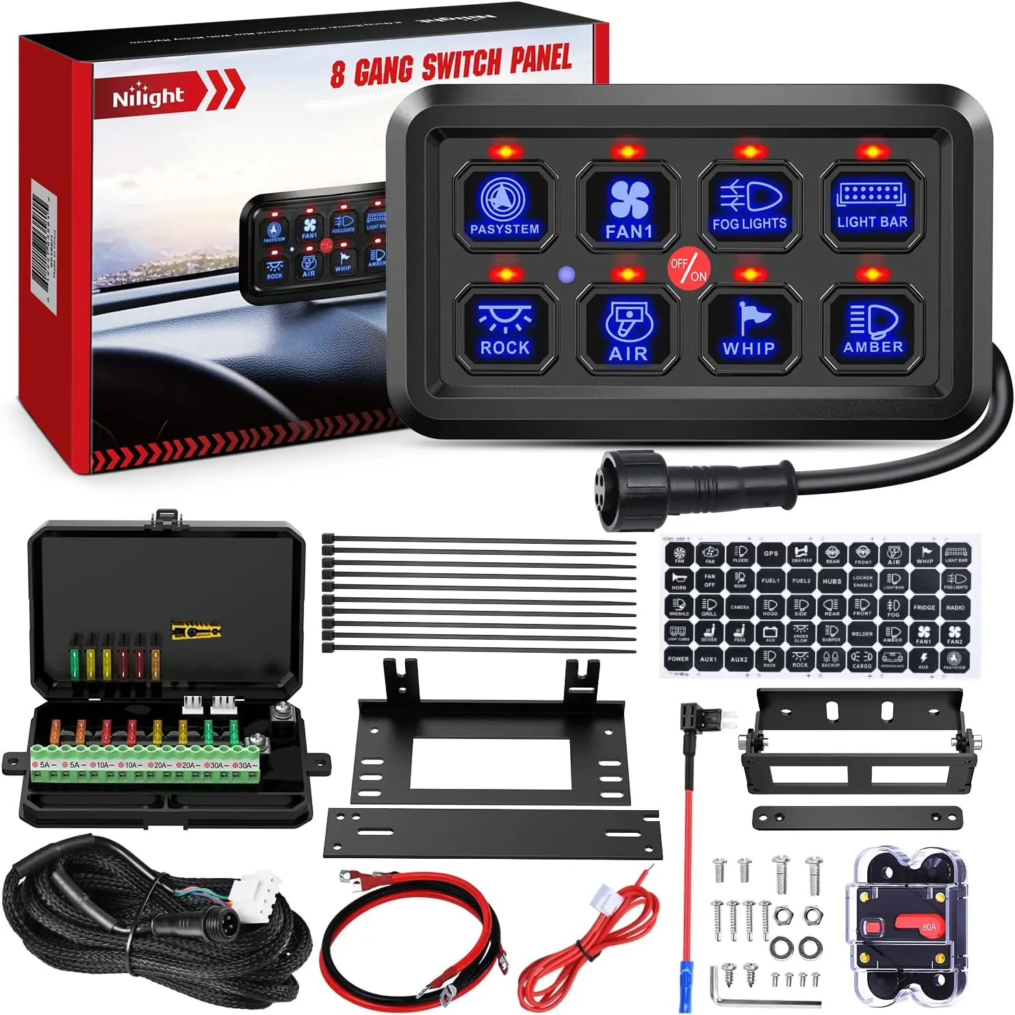 Nilight 8-Gang Compact Circuit Control Relay System - 12-24VDC Waterproof, Backlit Dimmer Switch Car, Fuse Wiring Harness, Automatic ON-Off LED Switch Pod for Cars/Trucks, 2-Year Warranty (Blue), Cars Accessories