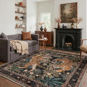 【Deals For You Days】GENIMO Tiger Print Area Rugs, Boho Vintage Oriental Living Room Rug, Non Slip Washable Rug Stain Resistant, Low Pile Thin Soft Animal Botanical Carpet for Bedroom, Dining Room, Office, Black