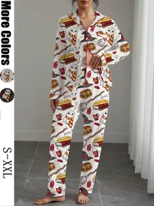 Women's Magic Print Pajama Set Loungewear, Soft Elastic Fabric, Long Sleeve Shirt Collar Top & Loose Pants, Perfect for Home & Outdoor Wear