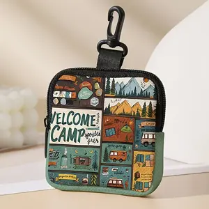 Camp Print Zero Wallet, Artificial Leather Waterproof Zipper Pouch, Multi-Functional Mini Earphone Bag, Hanging Small Bag