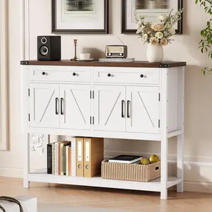 Sideboard Buffet Cabinet with Storage - 47.2" Entry Way Table with Drawers, Barn Doors & Shelf, Modern Farmhouse Narrow Sideboard, Small Side Cabinets for Living Room Entryway Kitchen Dining Room