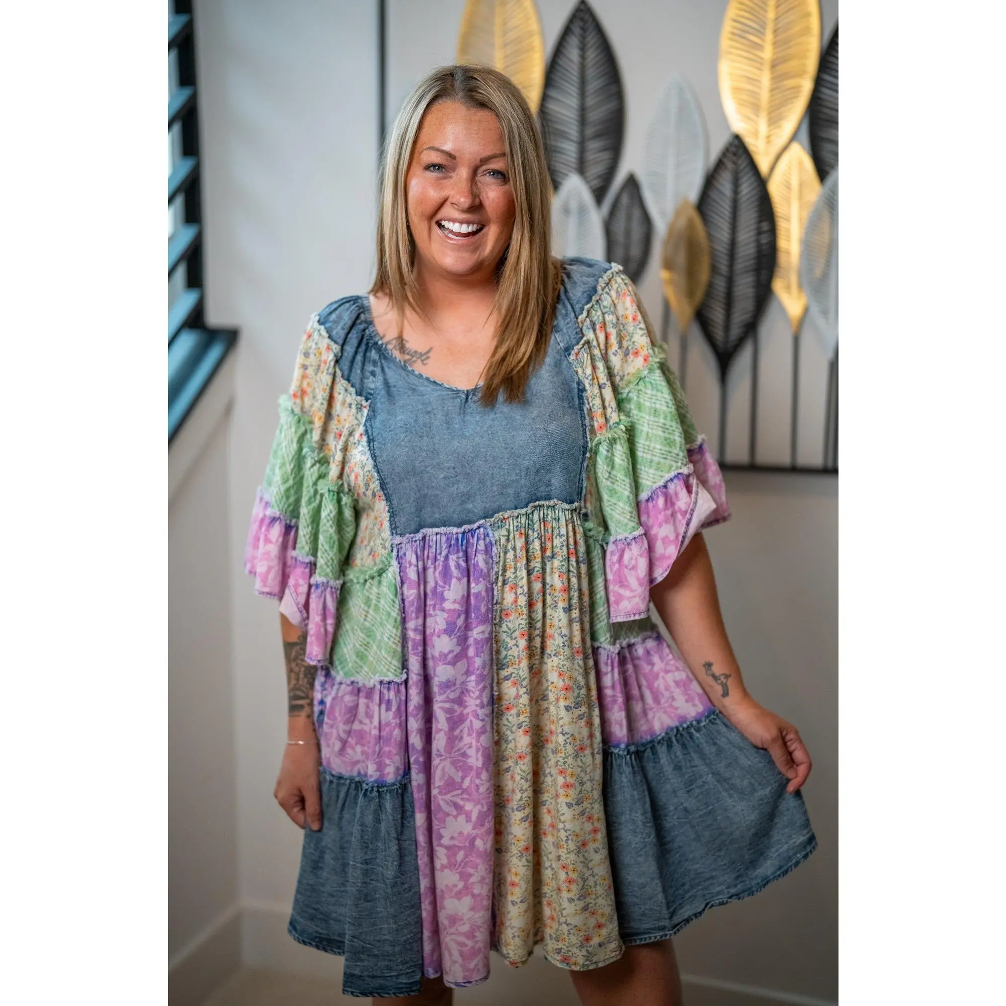 Oli & Hali Washed Mixed Print Ruffle Tunic Dress