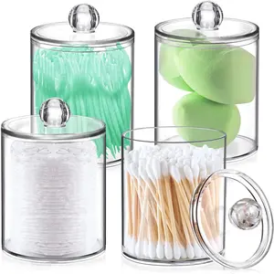 4 Pack Qtip Holder,Canister  Jar Set, Bathroom Jars with Lids Set for Cotton Swabs, Balls, Pads, Floss Picks,10oz-12oz Plastic Canisters Restroom Bedroom Vanity Organizer(Clear)