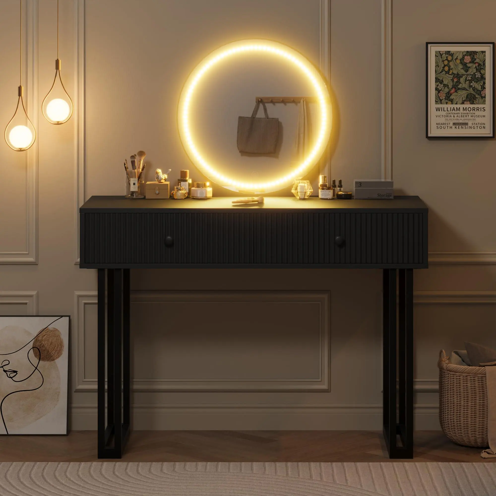 Gaomon Black Vanity Desk Furniture - Makeup Vanity, Small Bedroom Dressing Table with 2 Drawers, Modern Organizer with 3 Color Lights & Adjustable Brightness