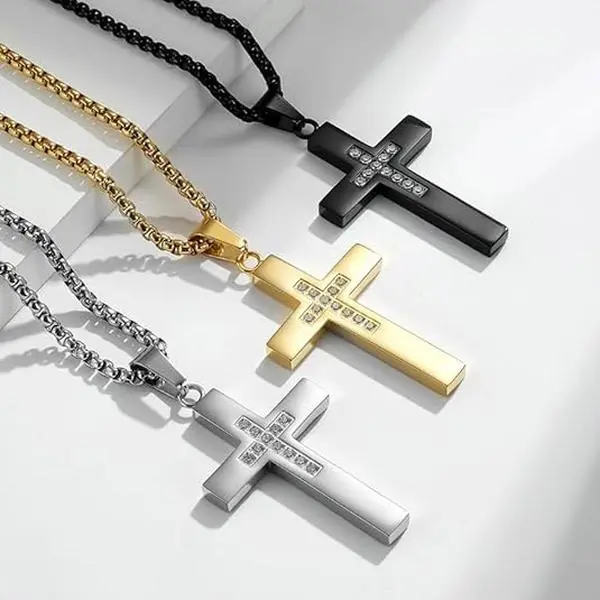 Stainless Steel Cross Necklace, Jesus Christ Zirconia Pendant with Tungsten Carbide Accent, Silver Finish, Daily Wear Statement Jewelry, Unisex Fine Gift, Spiritual Jewelry, Silver Cross Necklaces, High-Quality, Statement Cross Necklaces