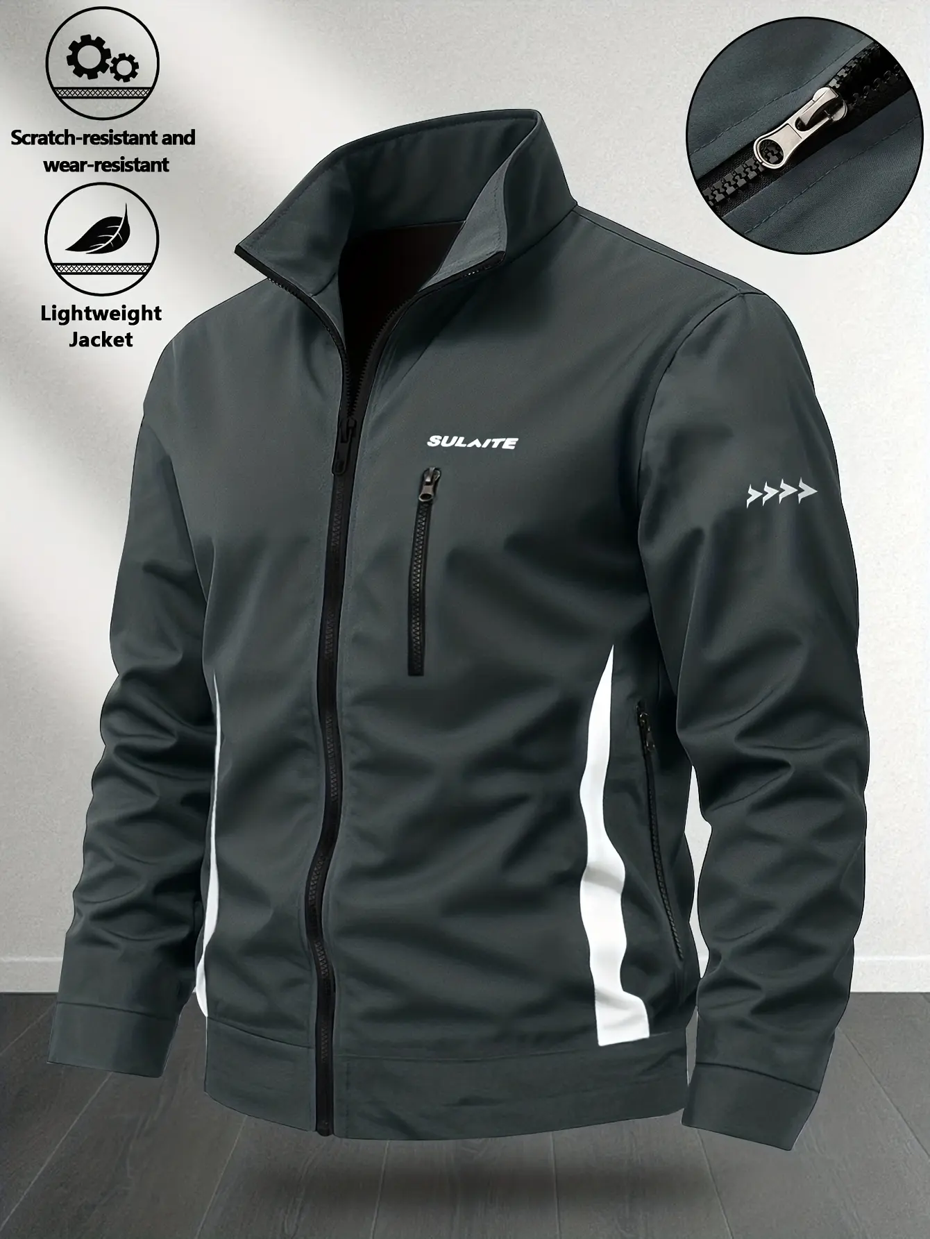 Male Lightweight Polyester Jacket - Windproof Activewear, Sporty Sports Outerwear, Polyester Twill Training Track Jacket, Arrow Detail, Wear-Resistant Fabric, Zip Pockets, Suitable for Outdoor Runs, Workouts