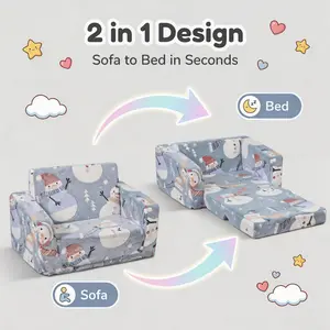 Kid's folding Small Sofa Couch,The Sofa Transforms Into A Bed In A Second,Snowman Cartoon Pattern ,Convertible Children Bed OutPlay Foam for kid3+ years old excellent gift for Christmasand Birthday Lounge Sofa Fun Furniture