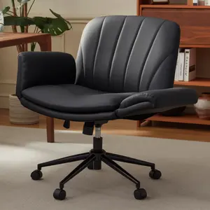 Dowinx Criss Cross Chair with Five-Level Adjustable Arms and Wheels - Comfortable Ergonomic PU Leather Swivel Vanity Chair - Computer Makeup Gaming Chair for Home Office, Bedroom, Living Room