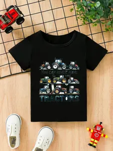 Toddler Boy's Tractor Print Round Neck Tee, Casual Short Sleeve T-shirt for Summer, Kids Clothes for Daily Wear, Baby Boy Clothes