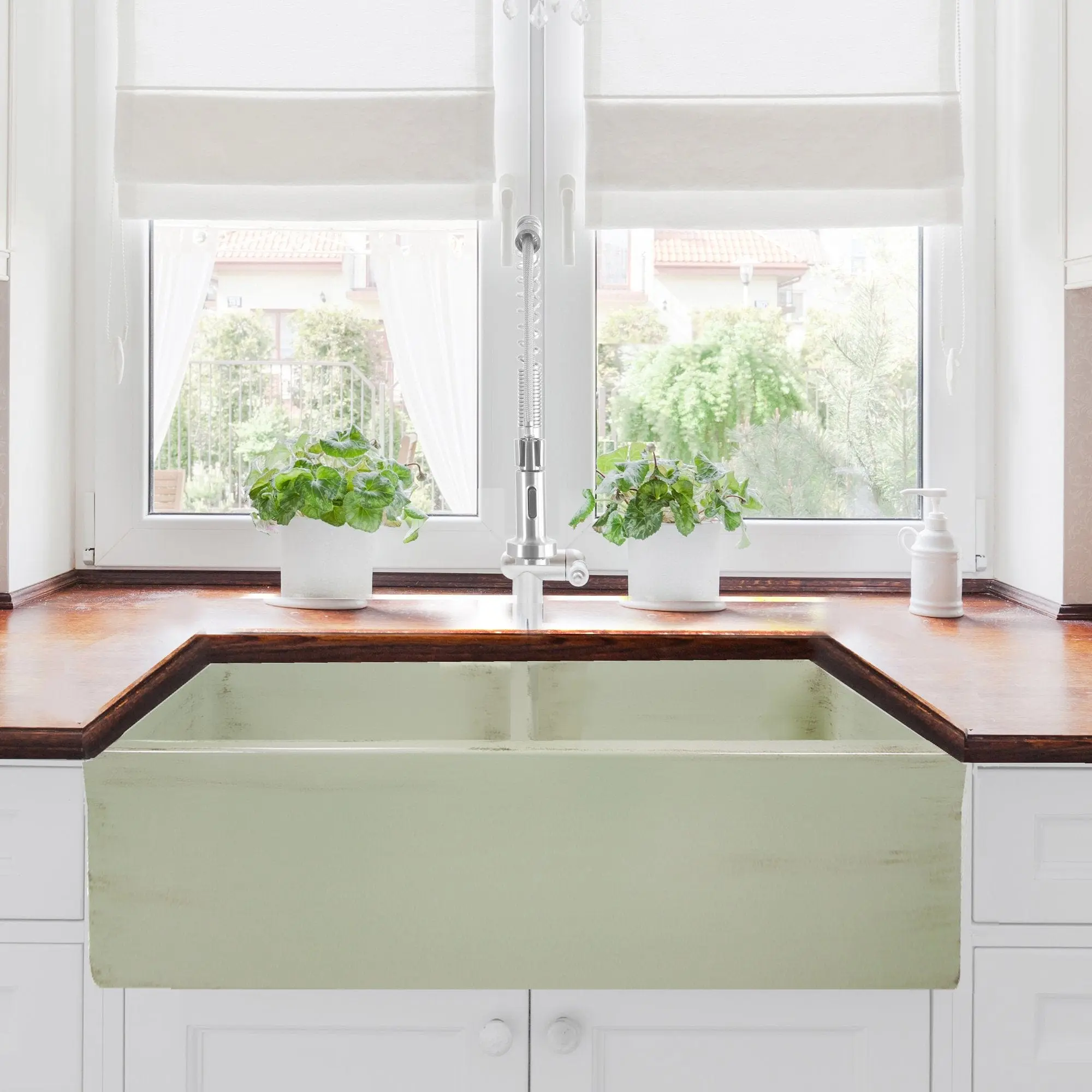 Nantucket 33" Double Bowl Farmhouse Fireclay Sink with Shabby Green Finish - FCFS3318D-ShabbyGreen