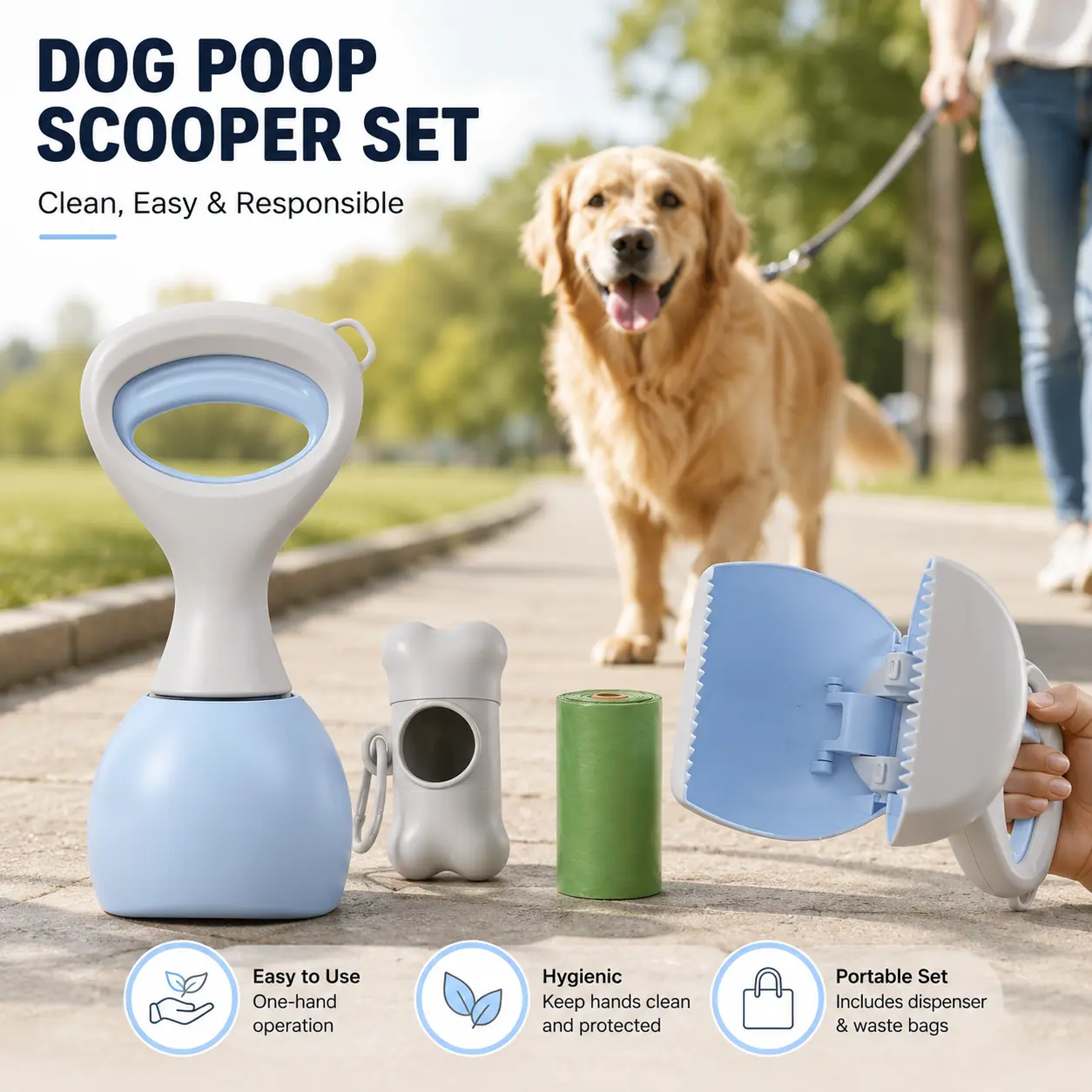 Dog Waste Scooper - Large Opening Jaw, 1-Hand Operation, Durable Non-Stick ABS Material, 15 Included Bags, Portable Clip-On Design for Walking, Works on Grass, Gravel for Waste Management